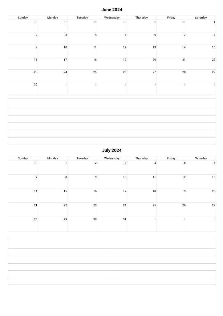 June July 2024 Calendar PDF