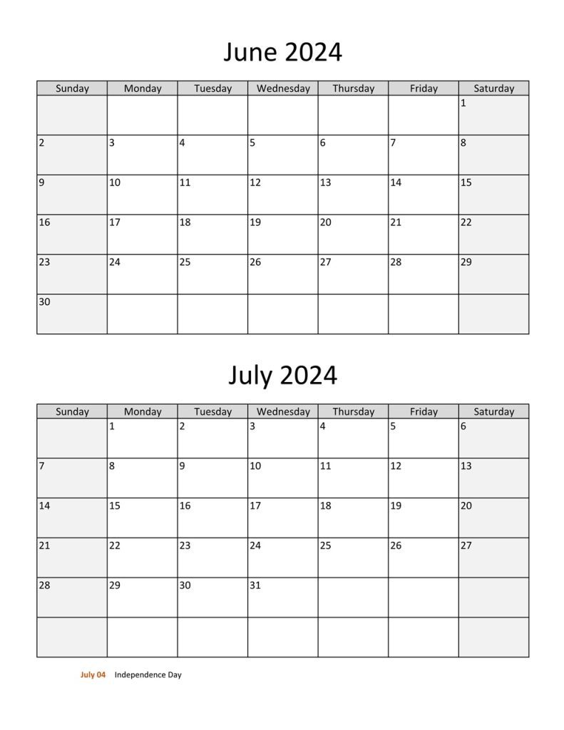 June July 2024 Calendar Templates