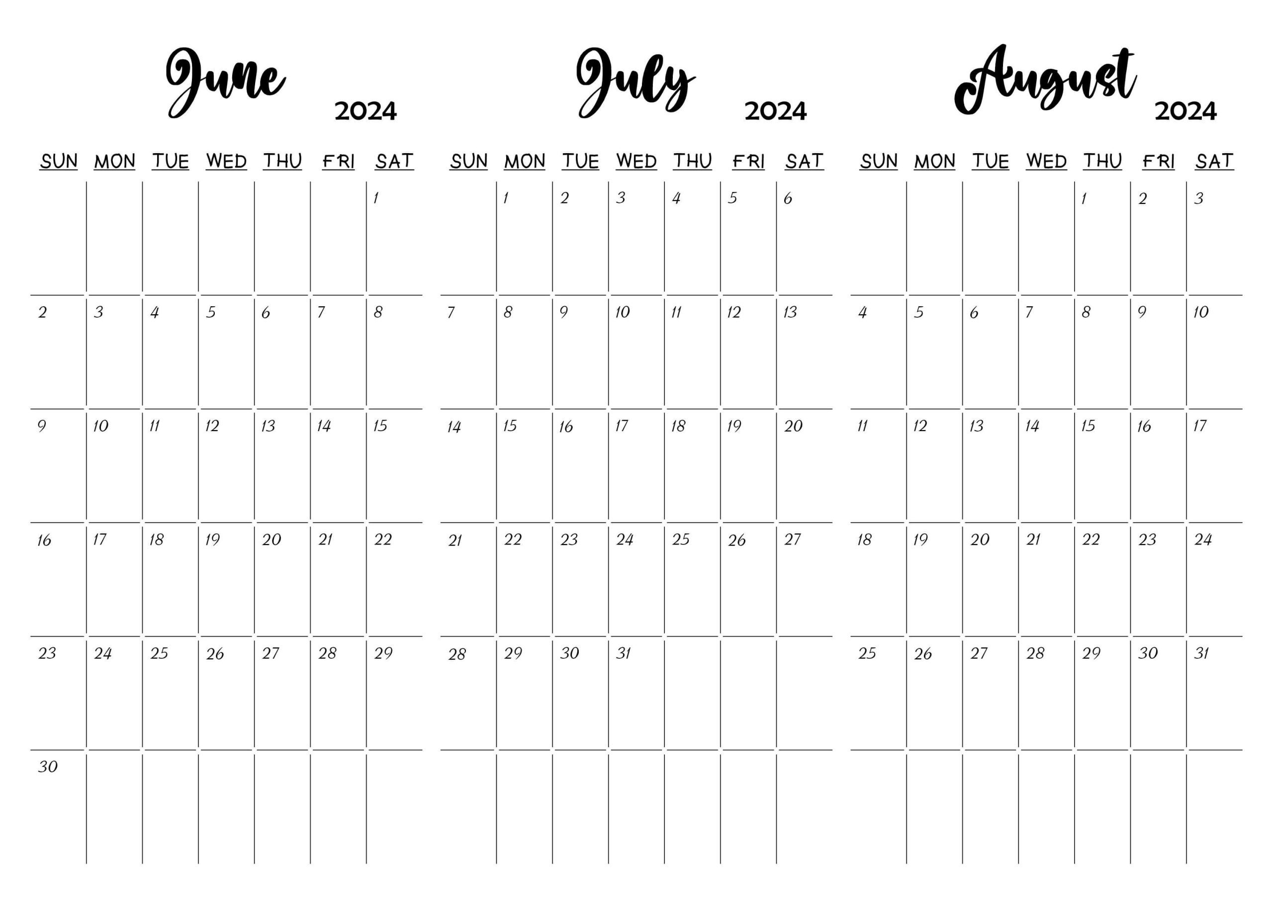 June July August 2024 Calendar