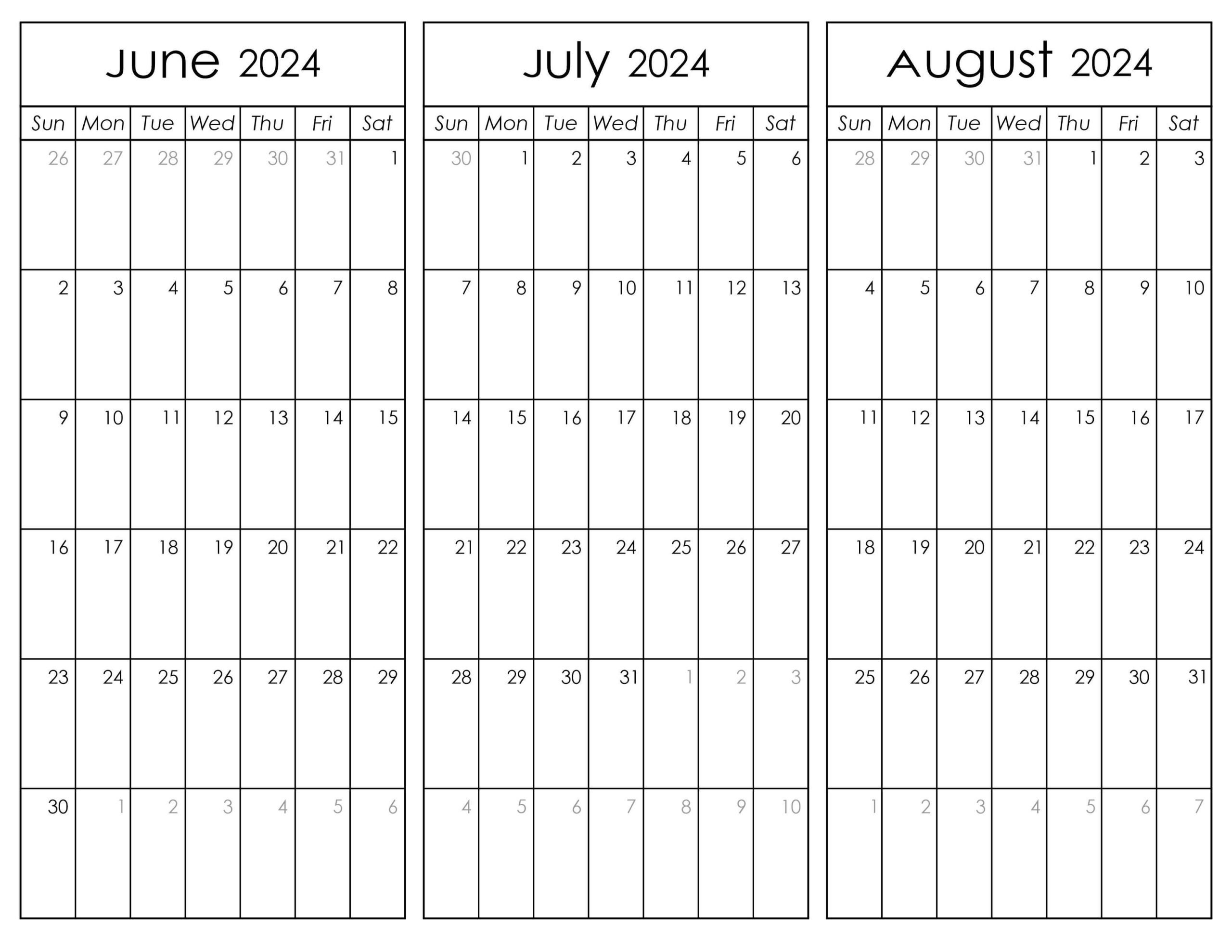 Calendar June July August 2024