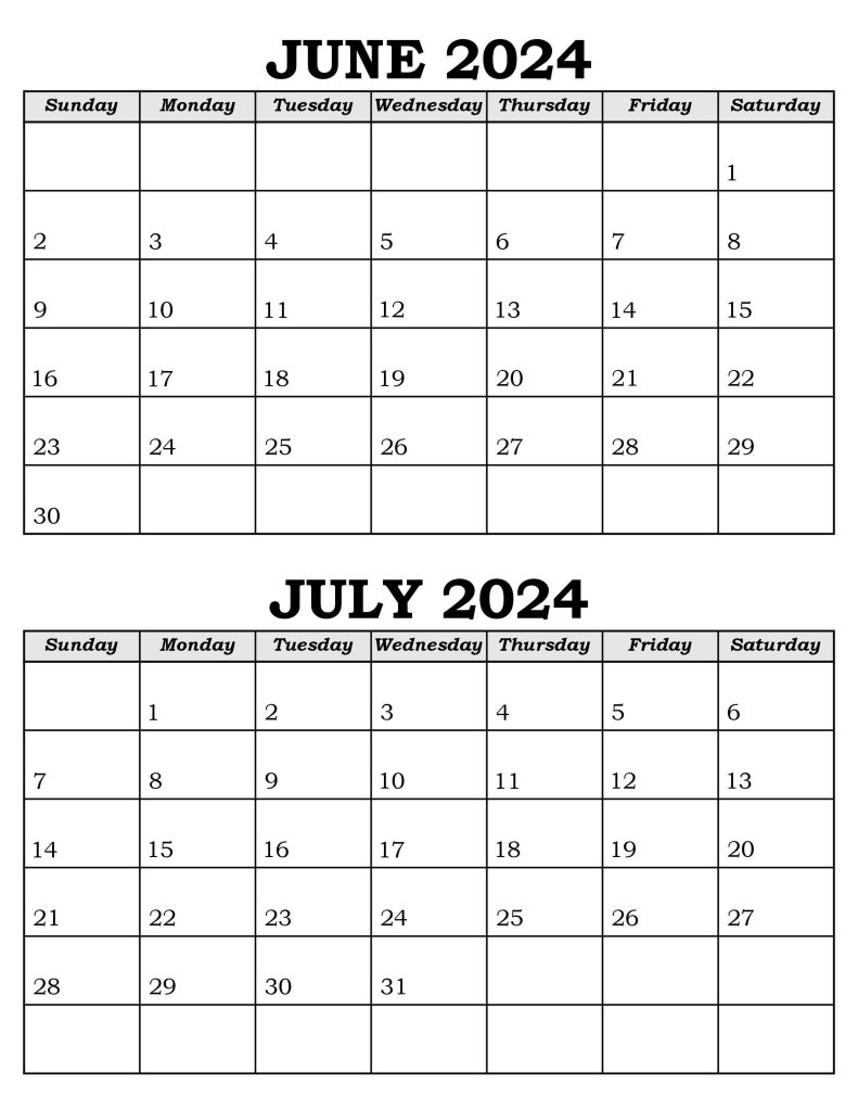 June and July Calendar 2024