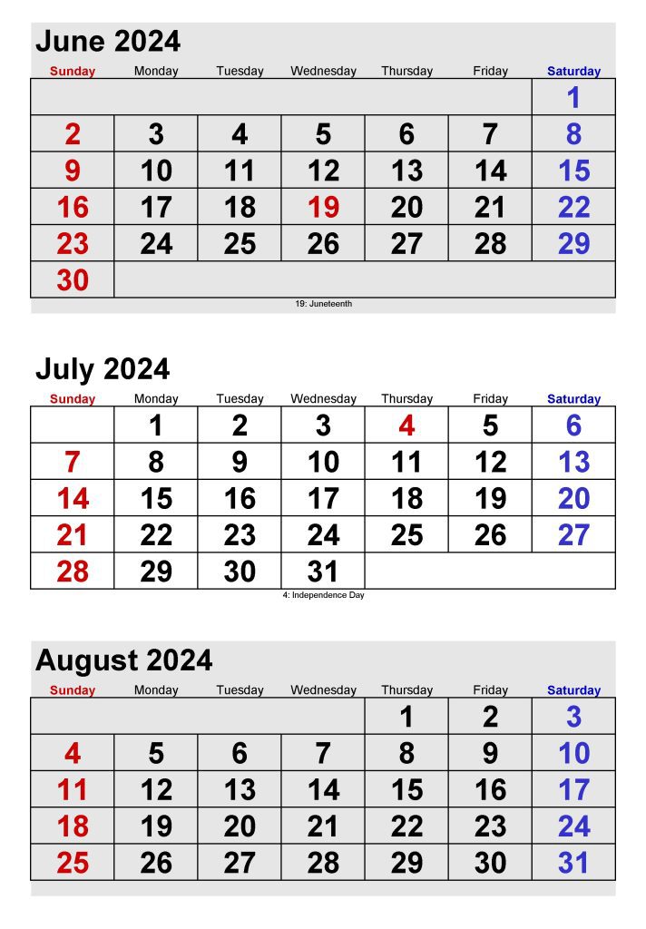 June to August 2024 Calendar Printable
