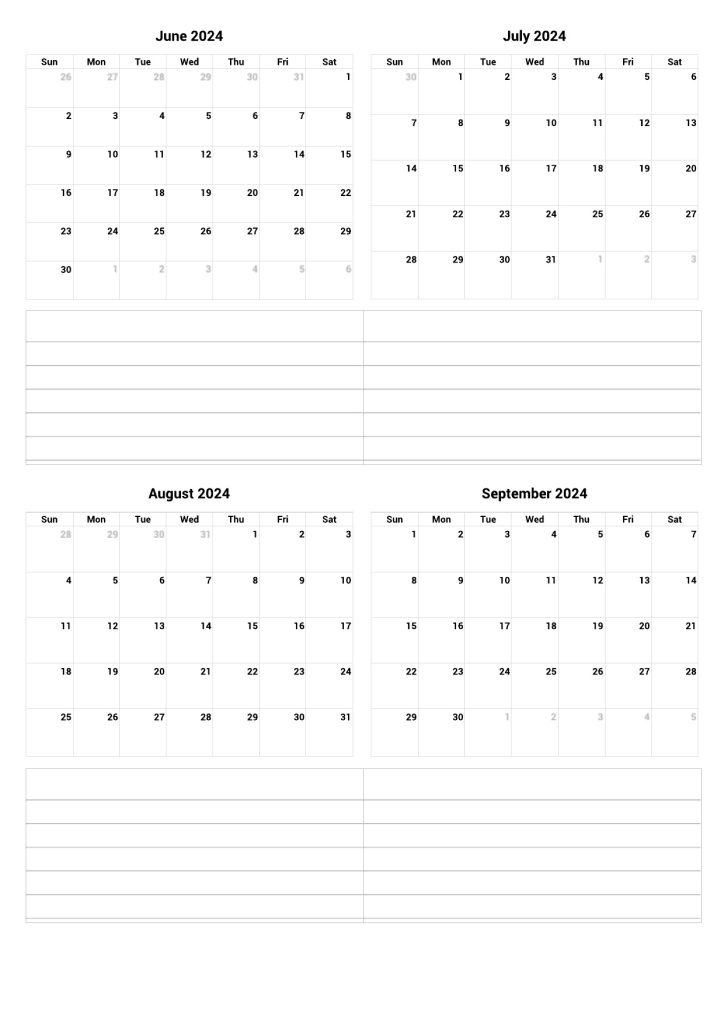 June to September 2024 Calendar Note