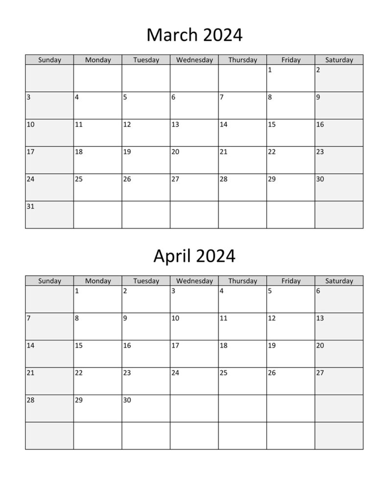 March April 2024 Calendar PDF