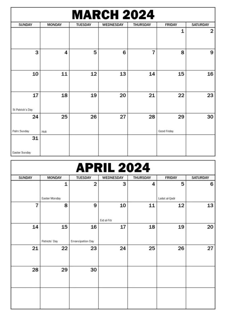 March April 2024 Calendar Templates