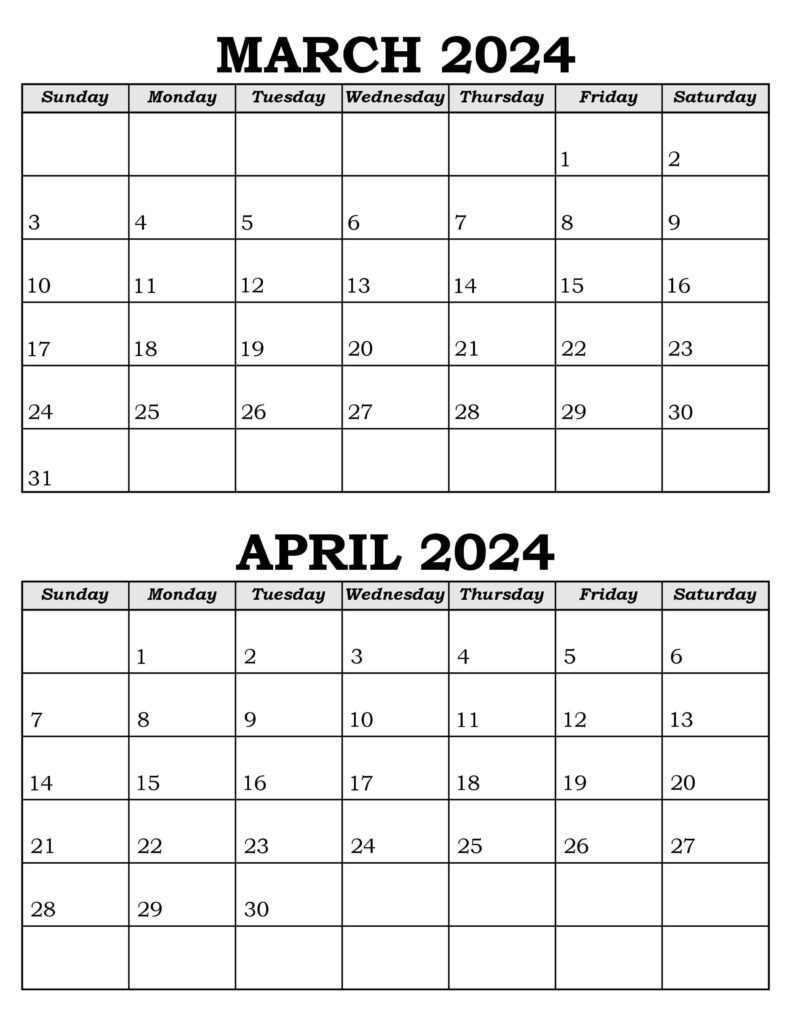 March and April Calendar 2024