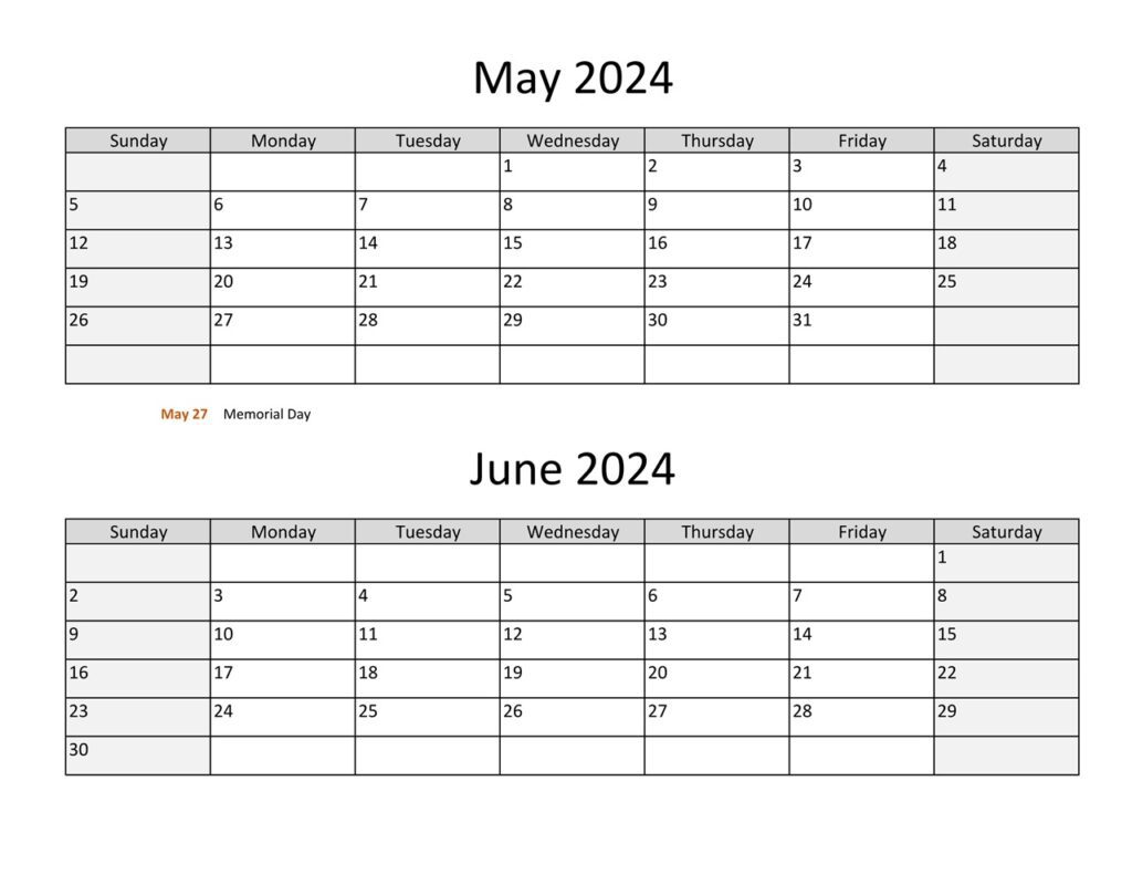 May June 2024 Calendar Templates