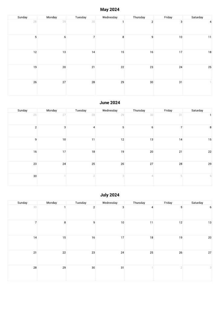 May June July 2024 Calendar PDF