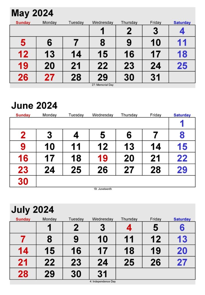 May June July 2024 Calendar Printable