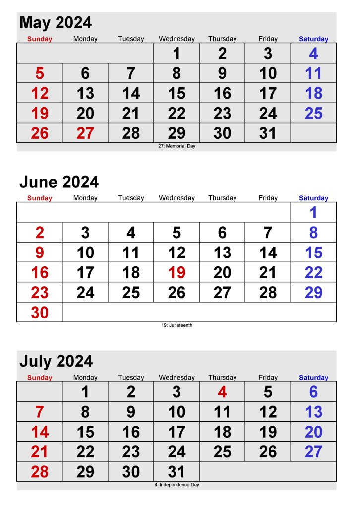 May June July 2024 Printable Calendar
