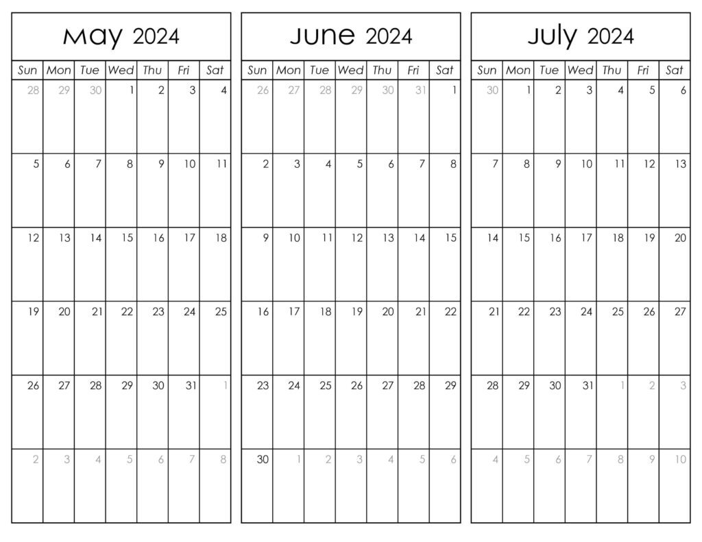 May June and July Calendar 2024