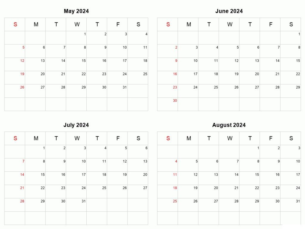 May to August 2024 Blank Calendar