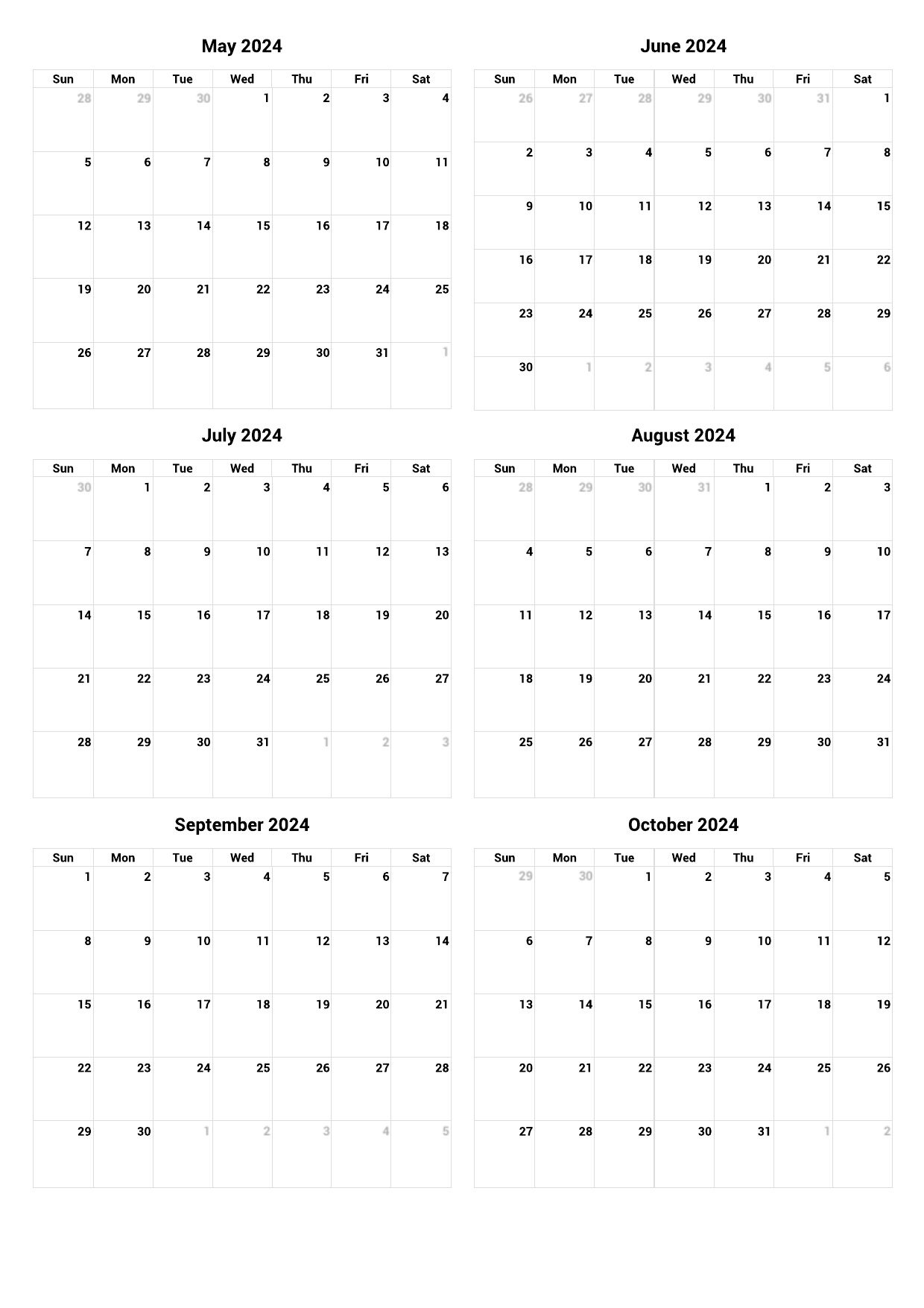 May to October 2024 Blank Calendar