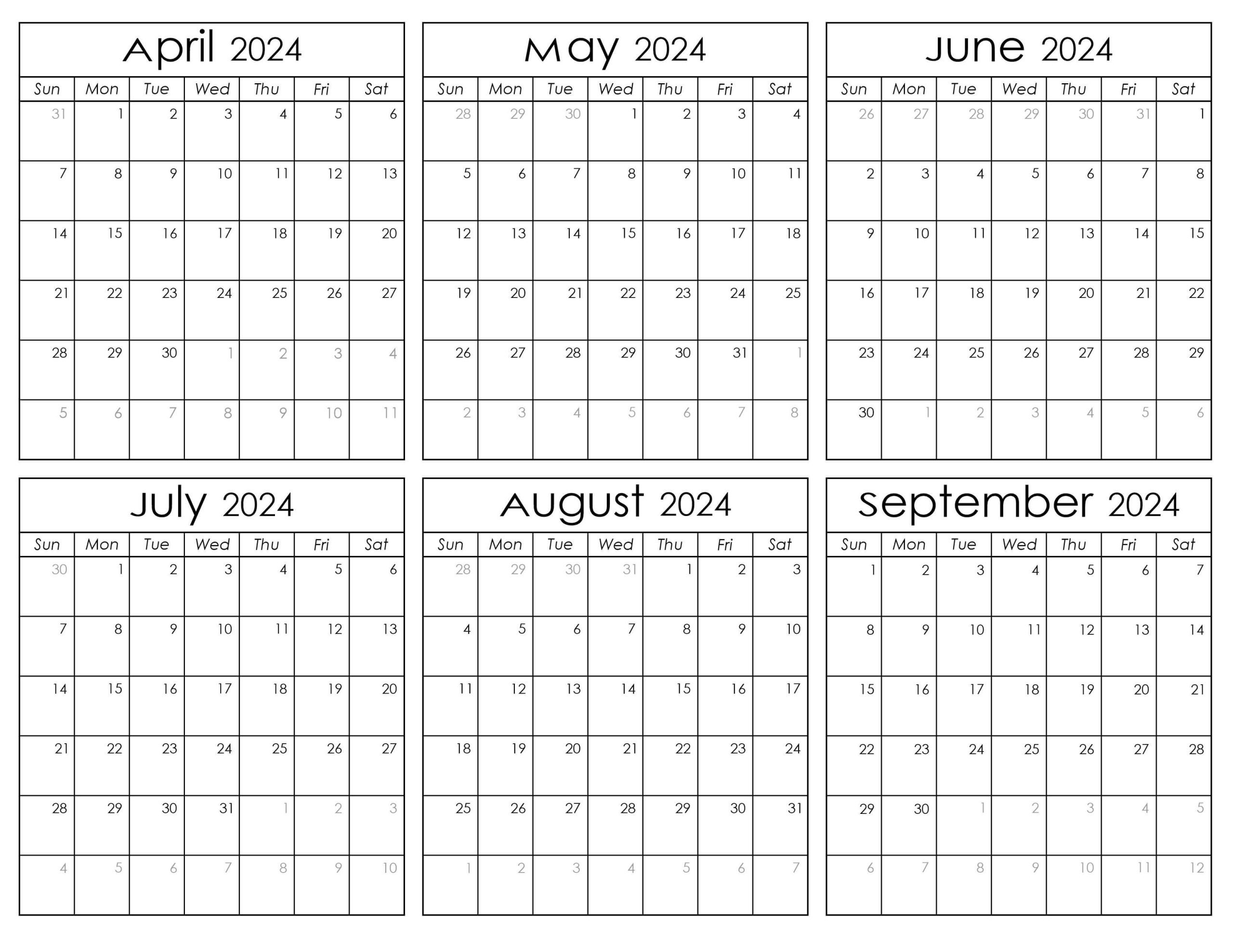 Printable April to September Calendar 2024