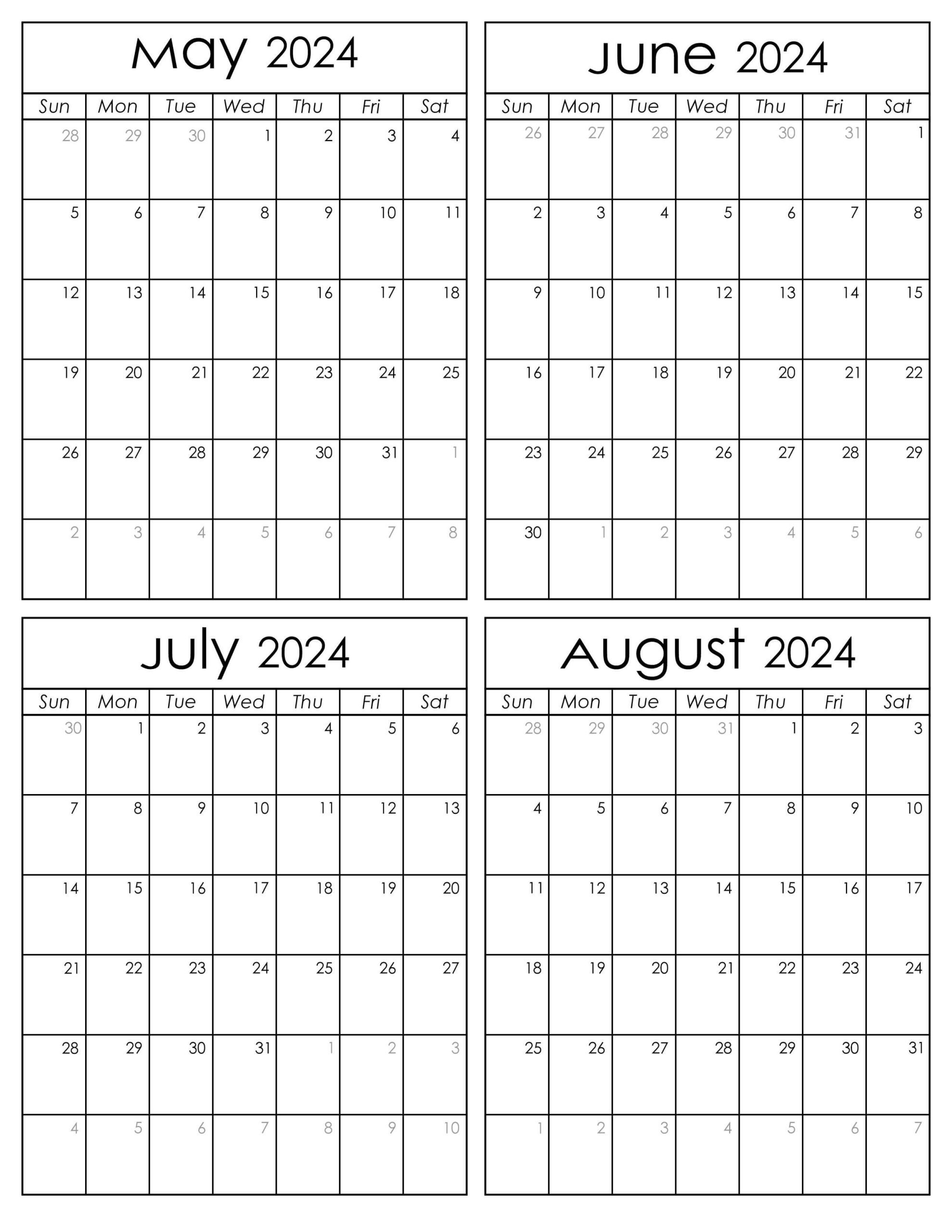 Printable May to August 2024 Calendars