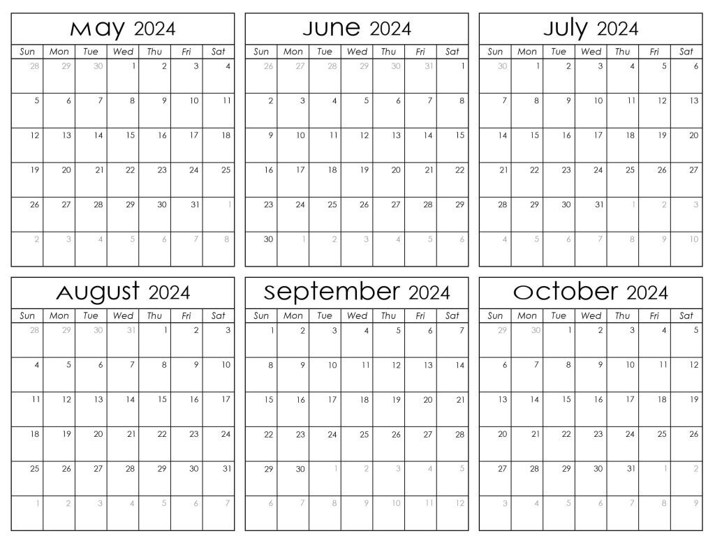 Printable May to October Calendar 2024