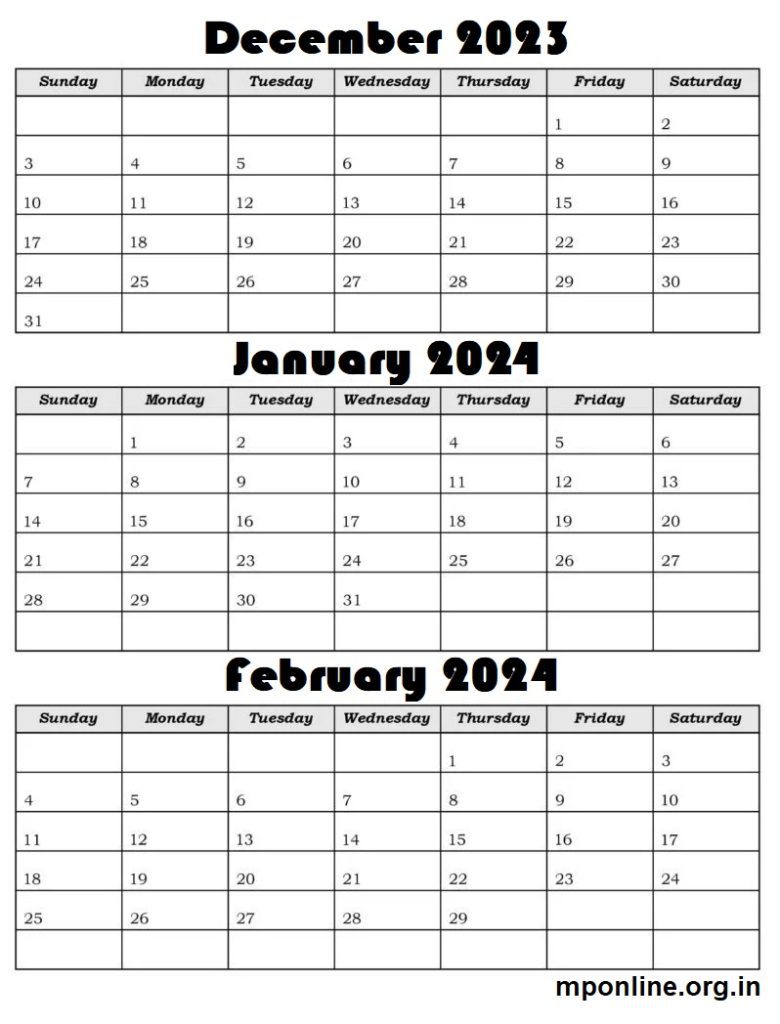 December 2023 To January, February 2024 Calendar