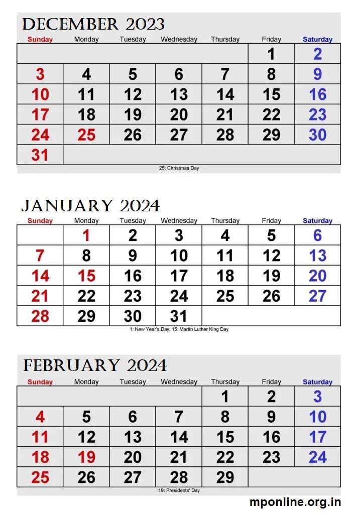 December 2023 To January & February 2024 Calendar
