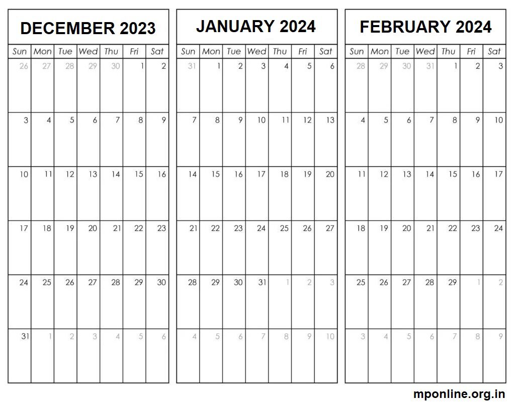 Free December 2023 To January, February 2024 Calendar