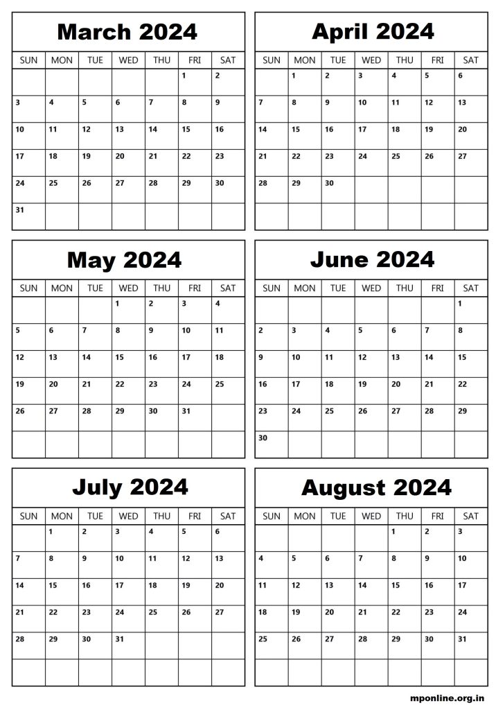 Free March to August 2024 Calendar