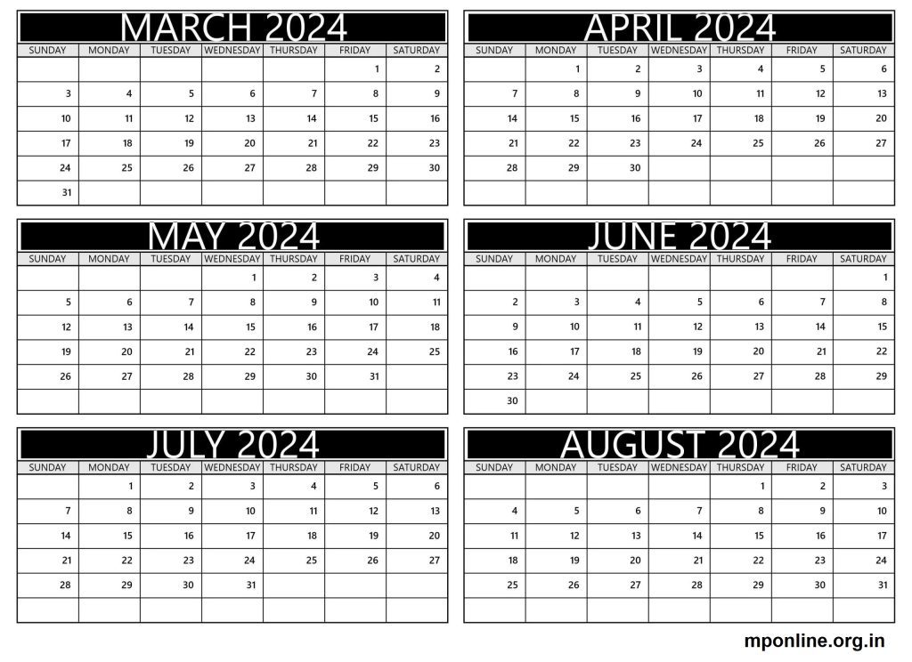 Free March to August 2024 Calendar Template