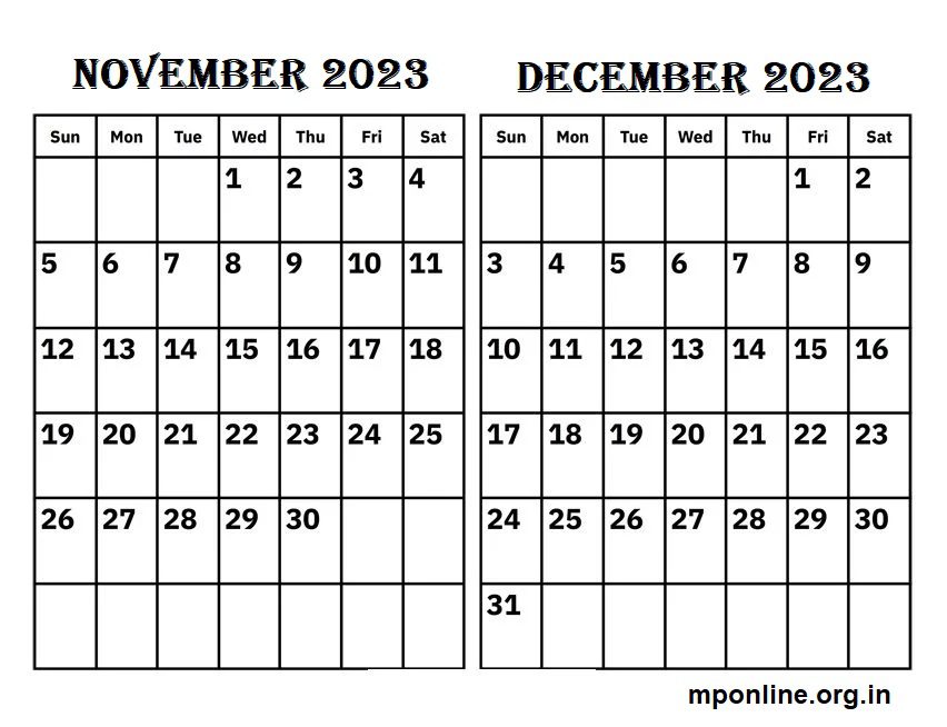 Free November To December 2023 Calendar Printable