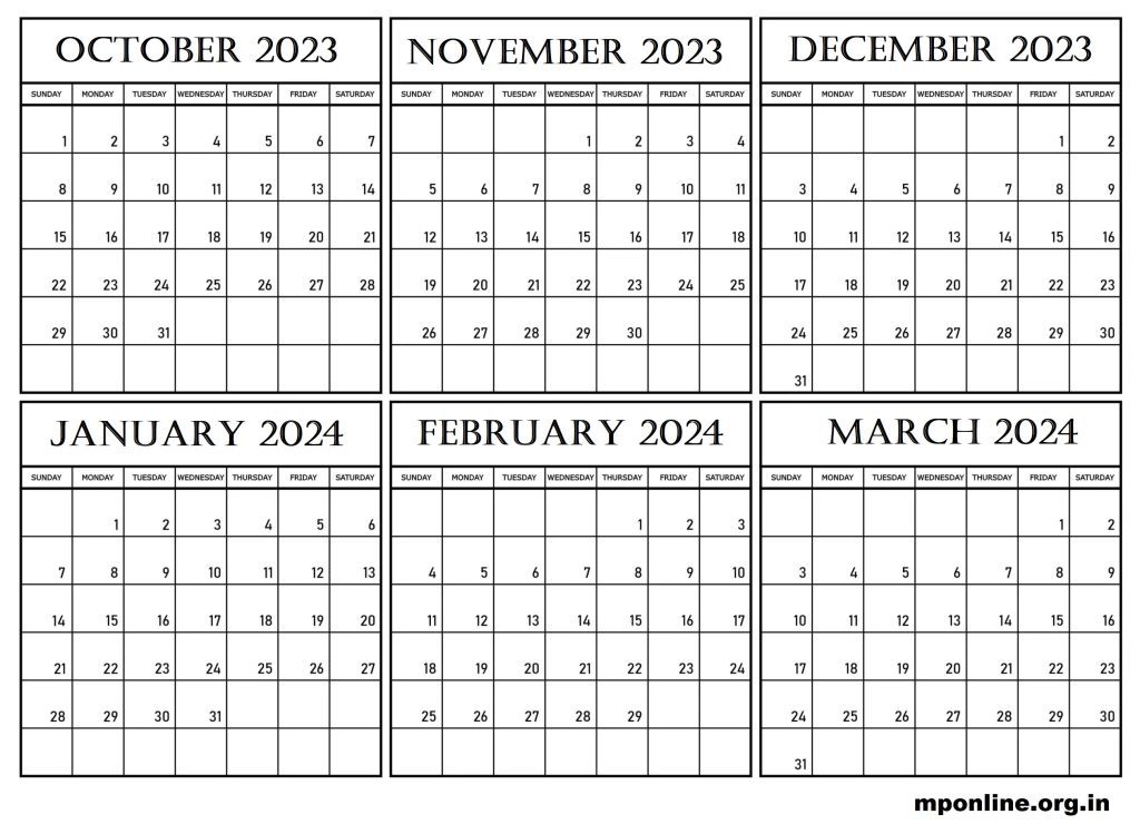 Free October 2023 To March 2024 Calendar