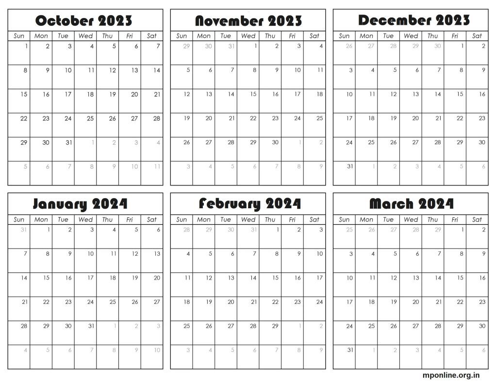 Free October 2023 To March 2024 Calendar Template
