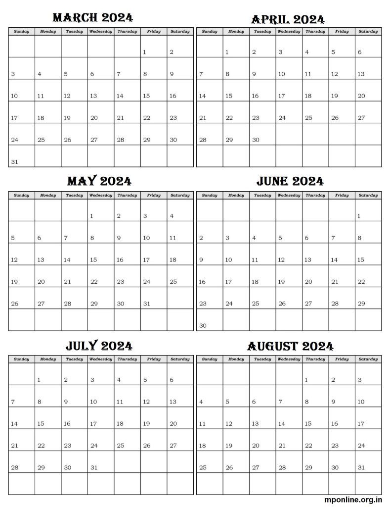 Free Printable March to August 2024 Calendar