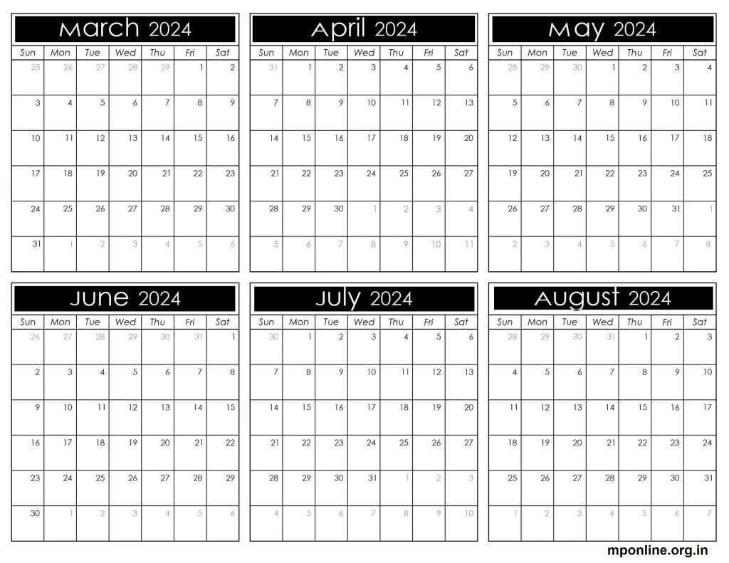 March to August 2024 Calendar Template