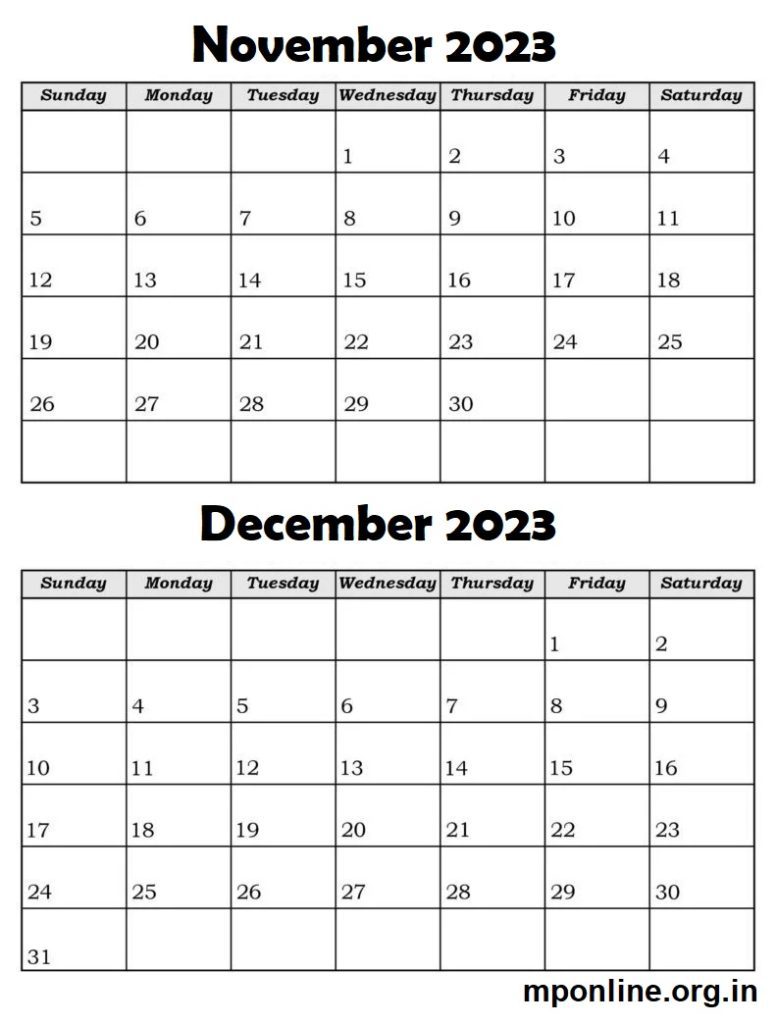November To December 2023 Calendar Printable