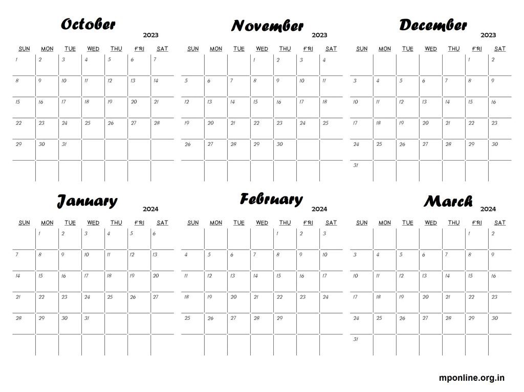 October 2023 To March 2024 Calendar Template