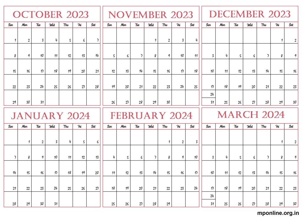 October 2023 To March 2024 Free Calendar Template