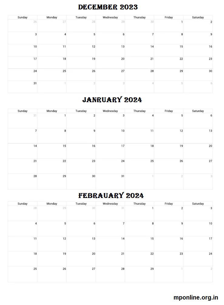 Printable December 2023 To January & February 2024 Calendar