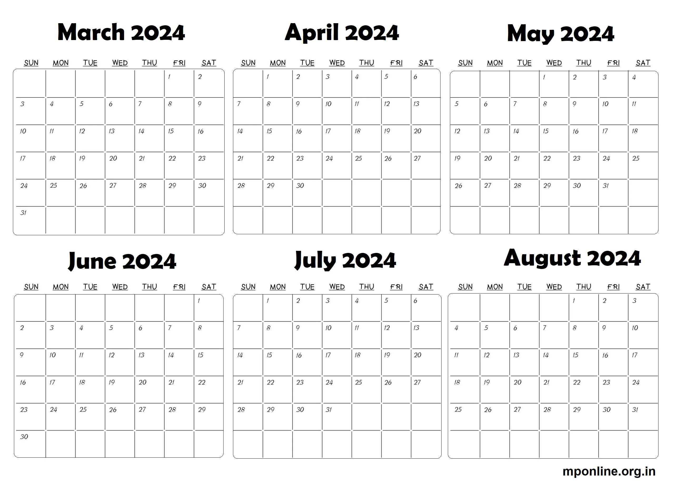 Printable March to August 2024 Calendar Template