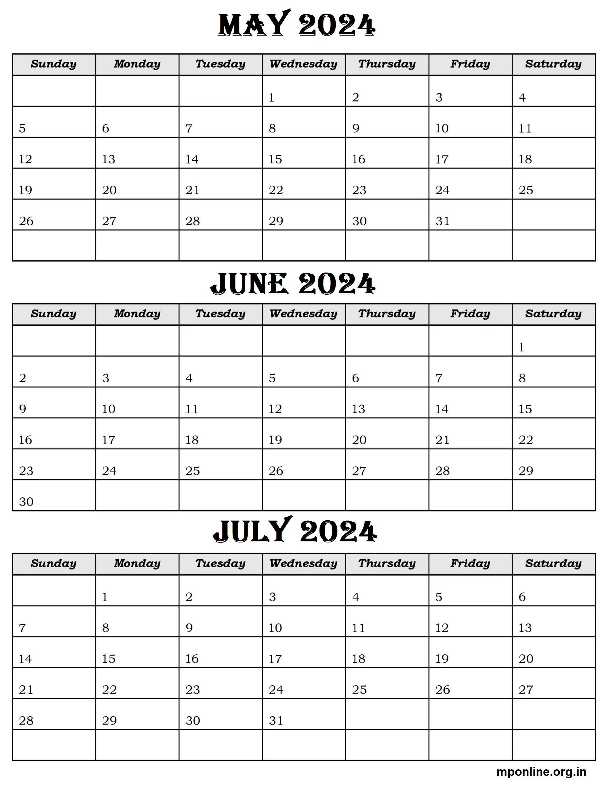 Printable May To July 2024 Calendar