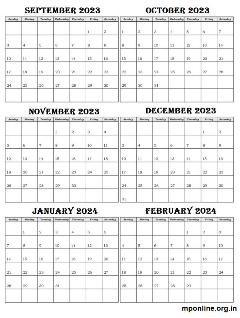 Printable September 2023 to February 2024 Calendar