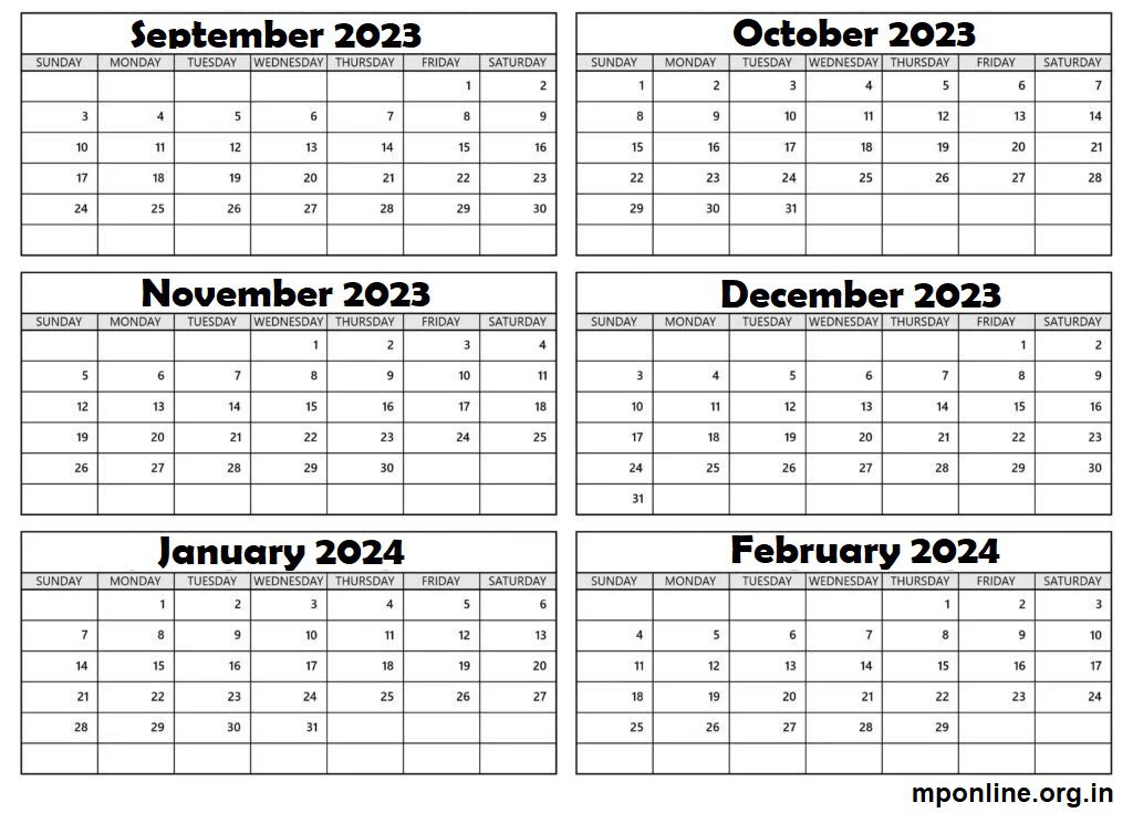 September 2023 to 2024 February Calendar Printable