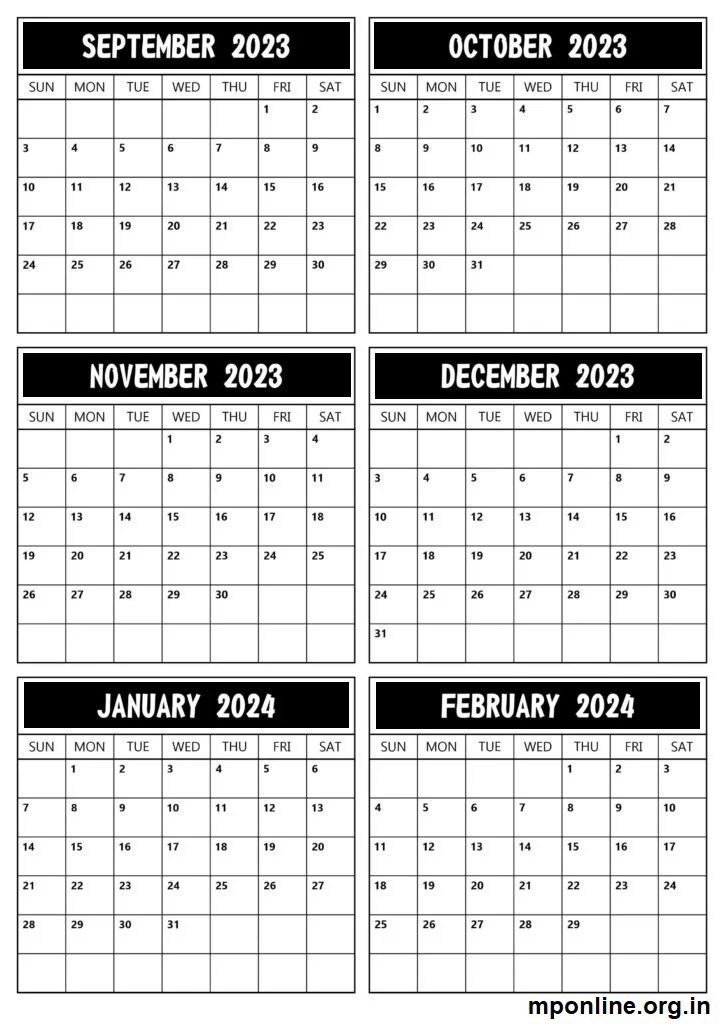 September 2023 to 2024 February Free Calendar
