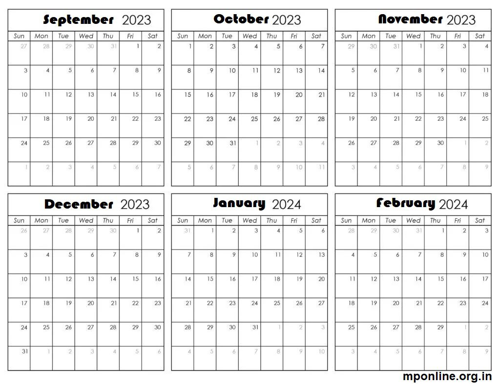 September 2023 to February 2024 Calendar