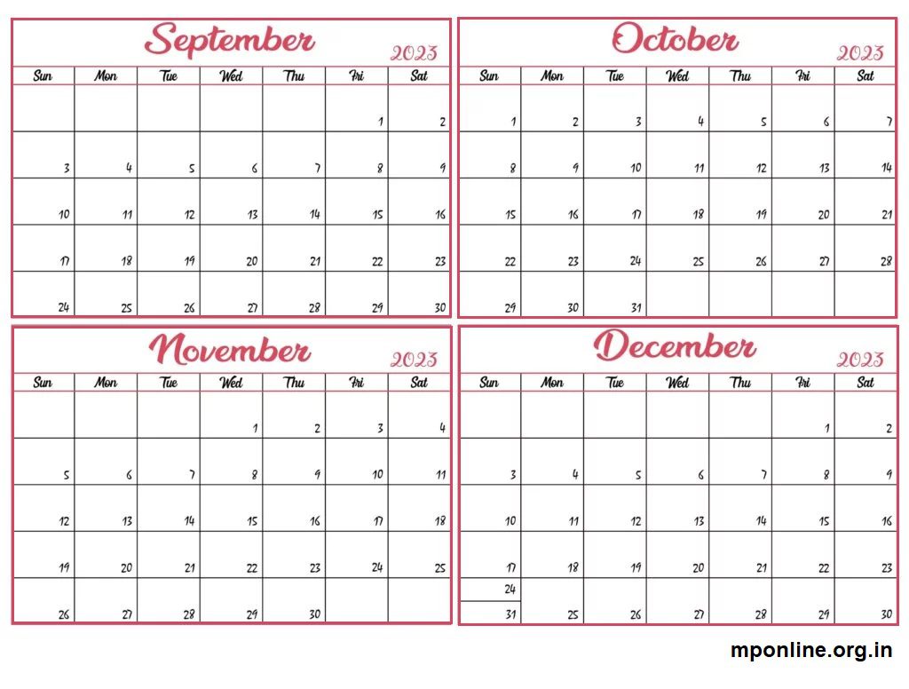 September To December 2023 Calendar Free