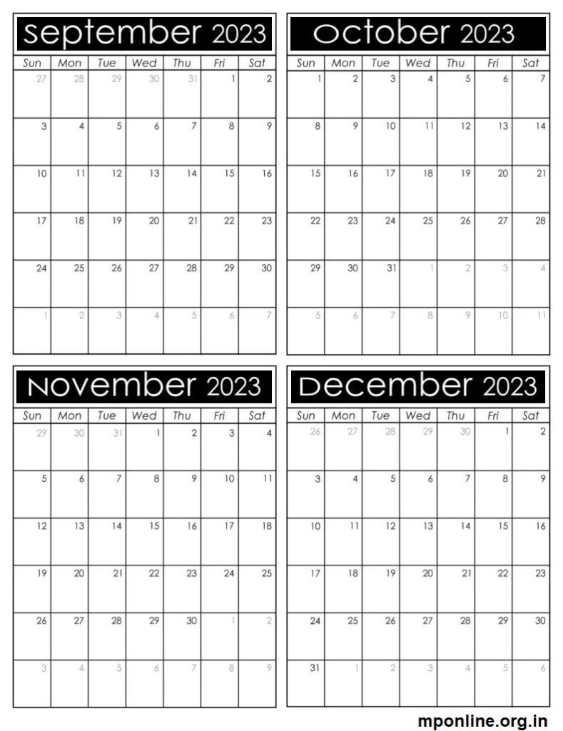 September To December 2023 Calendar Printable